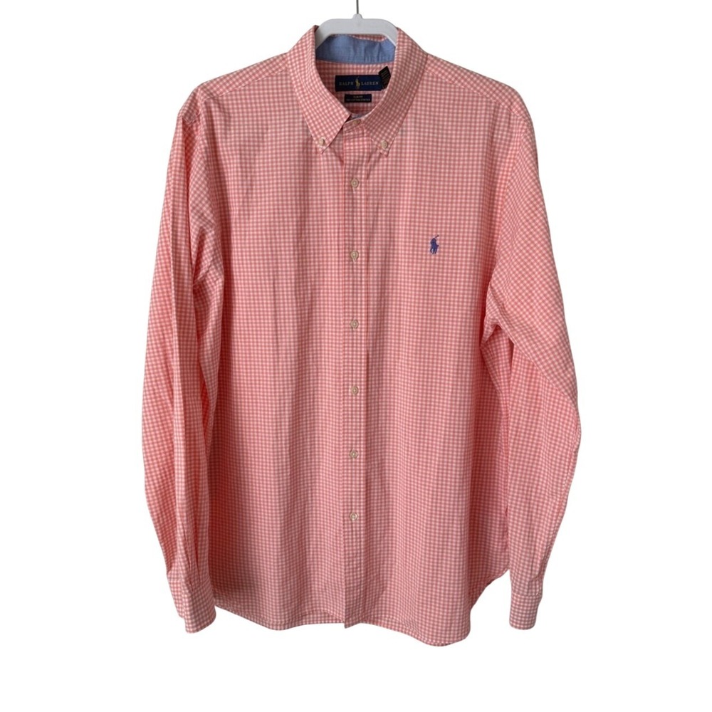 Ralph‎ Lauren Men's Button Down Shirt Orange Gingham Checkered Slim Fit Stretch